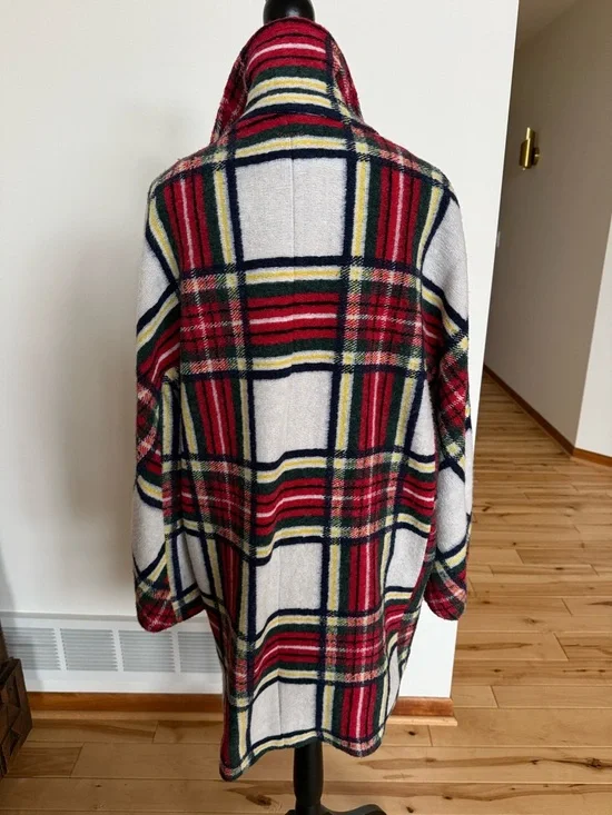 Desigual Red, Cream & Navy Plaid Double-Breasted Pea Coat - Picture 7 of 12